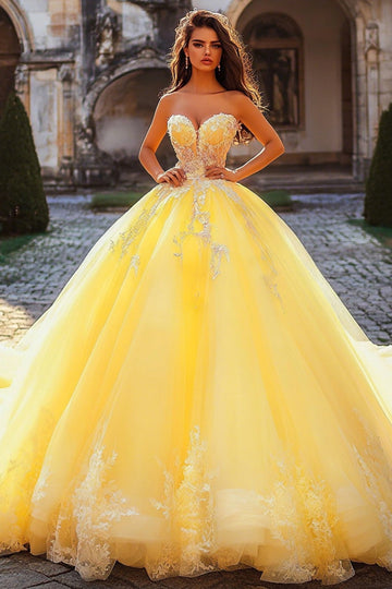 Ball Gown Strapless Yellow Appliqued Quinceanera Dress